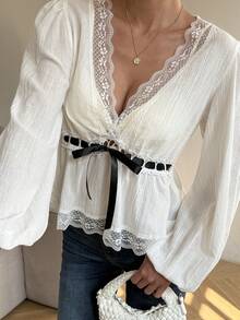DAZY Women's V-Neck Lace Patchwork Long Sleeve Cinched Waist Contrast Color Tape Patchwork Elegant Pullover Blouse - White - View 4