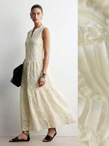 Aalyst Vestido de estilo francés elegante y minimalista para mujer, de nueva llegada para primavera/verano. Vestido largo de línea A con cuello en V sin mangas, de tela jacquard color albaricoque, para uso diario, ir al trabajo y reuniones - Albaricoque - Ver 8