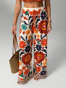 SHEIN Tall CURVE CURVE Plus Size Women's Tall Floral Print Drawstring High-Waisted Wide Leg Pants,Beige Summer Boho Beach Holiday Casual Loose Outfits For Long Legs - Multicolor - View 9