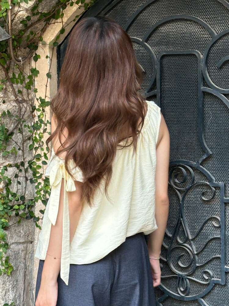 Women's Loose Pleated Tie Strap Asymmetric Neck Casual Vacation Blouse, Summer