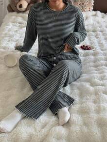 SHEIN 女士休闲条纹印花圆领宽松长袖睡衣套装 - 黑色 - 查看 5