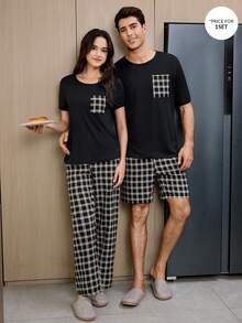 Classic Plaid Men's Casual Pajama Set - Black - View 4