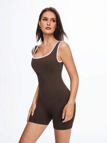Eassivo Bộ áo liền quần tập yoga kiểu racerback có khóa kéo, chất liệu giả da, nâng mông, ôm sát cơ thể. - Cà phê nâu - Xem 3
