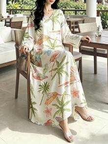SHEIN Najma 女士花卉几何图案印花长裙，V领长袖连衣裙，优雅花卉印花长裙，浅蜜桃色花卉印花长裙，波西米亚风格女装 - 彩色 - 查看 1