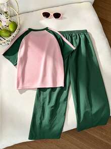 SHEIN Elladie kids 少女撞色短袖T恤短裤套装，运动风，宽松修身设计，轻薄面料，适合日常穿着、休闲运动或搭配。 - 粉色 - 查看 2