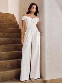 Anewsta Bộ jumpsuit nữ xếp ly có túi, trễ vai, thời trang cho mùa xuân và mùa hè. - trắng - Xem 5