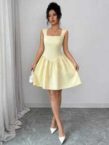 Elenzga Vestido corto de mujer de unicolor y cuello cuadrado, con diseño elegante de lazo en la espalda, versátil para salidas casuales de verano y citas a cenar - Amarillo - Ver 5