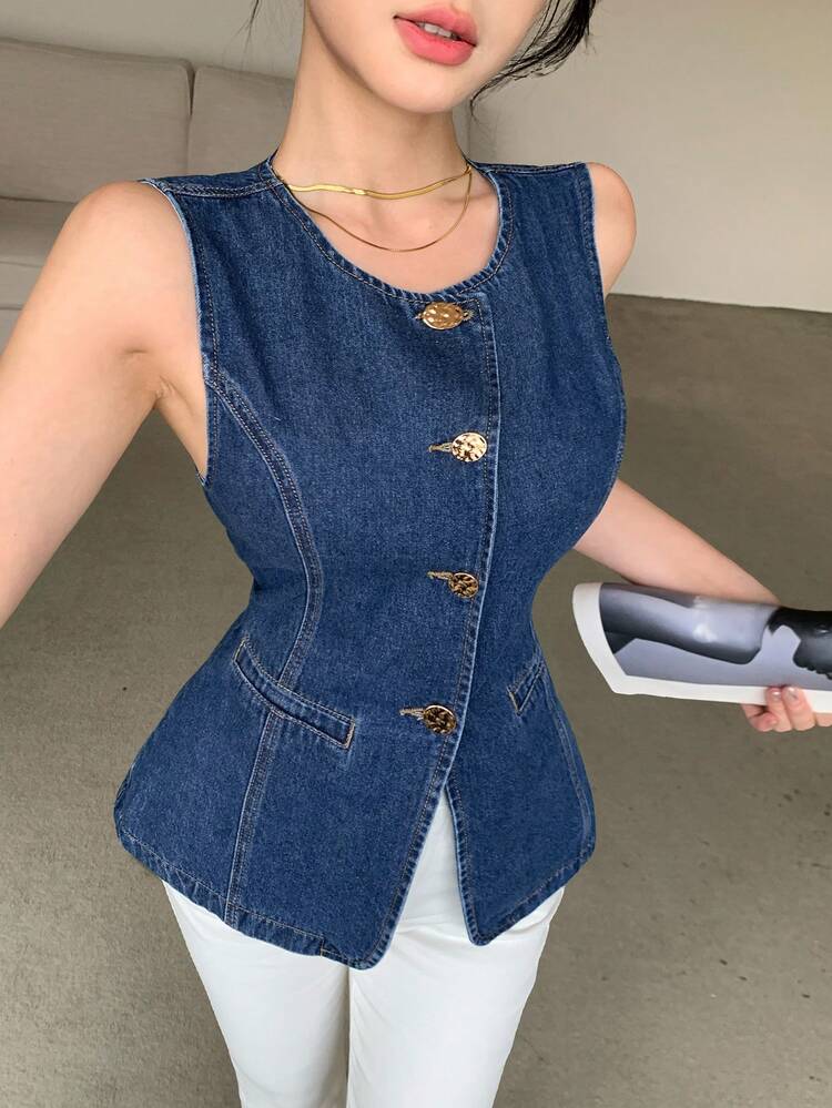 Women's Sleeveless Fitted Denim Jacket, Spring & Summer