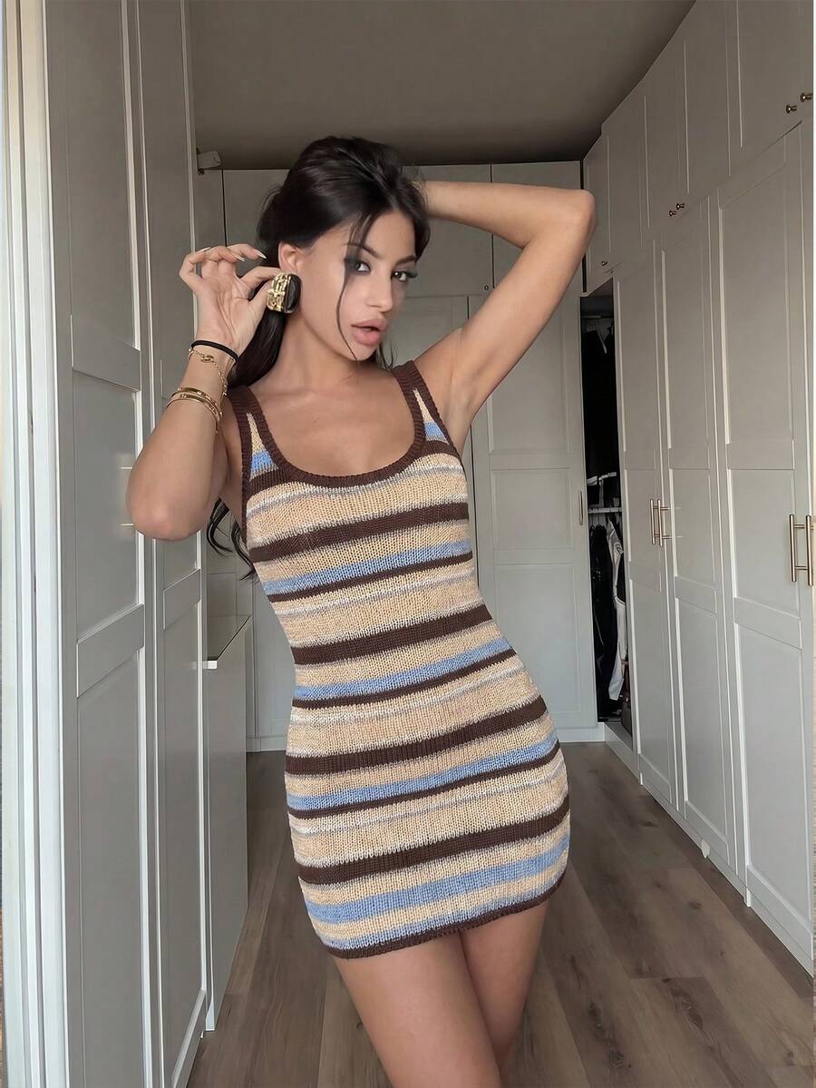 Ronhire Multicolor Striped Mini Sweater Dress For Women Sleeveless Scoop Neck Knitted Backless Casual Style Pencil Hem Elegant Multi-Color Sleeveless Bodycon Midi Dress, Romantic Sexy For Party And Date Night Summer Sexy Dress Bodycon Summer Dress Ibiza Dress Sexy Sundress