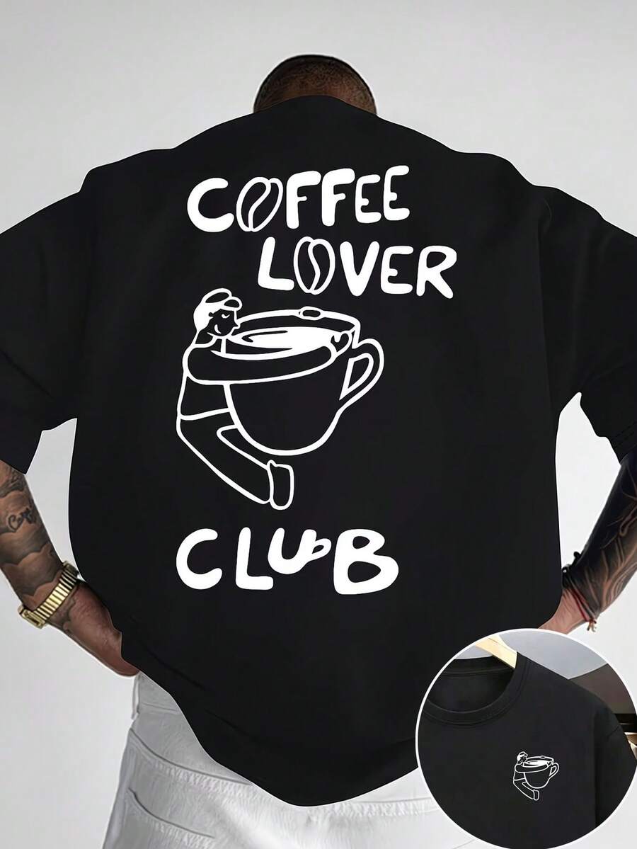 Manfinity Dauomo Plus Size Men's Casual Letter & Cartoon Graphic Round Neck Short Sleeve T-Shirt, Summer - Black - View 1
