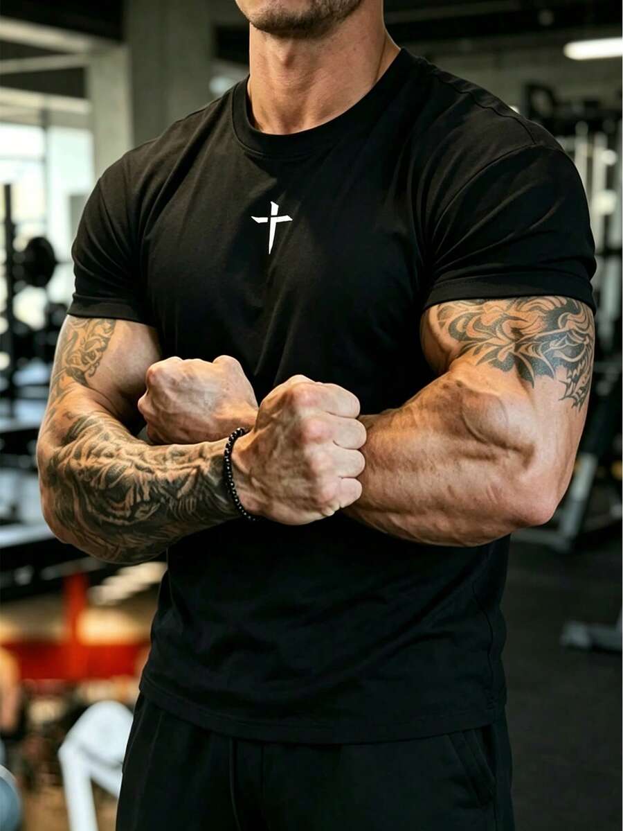 GymBeat Áo thun nam tay ngắn cổ tròn in họa tiết, kiểu dáng thường ngày - màu đen - Xem 1