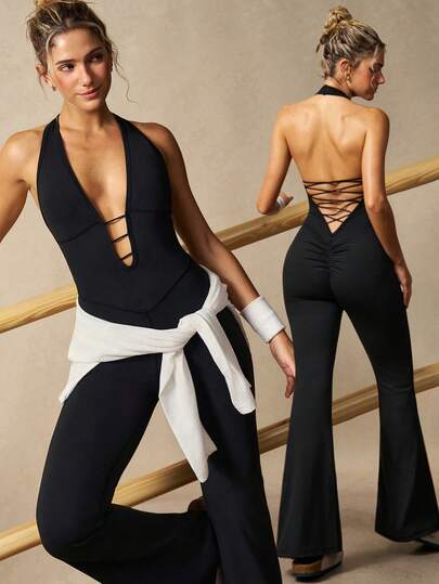 VARSIVA Bộ áo liền quần cổ yếm hở lưng màu trơn