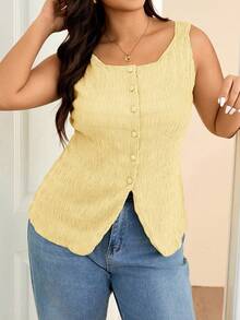 Lounesse Plus Size Women's Fashionable Summer Solid Color Textured Front Button Shirt, Casual Wear - Light Yellow - View 1
