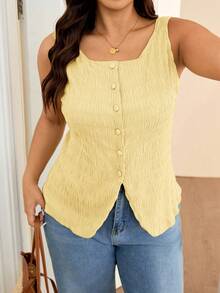Lounesse Plus Size Women's Fashionable Summer Solid Color Textured Front Button Shirt, Casual Wear - Light Yellow - View 6