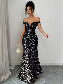SHEIN Elenzya 女士优雅网纱亮片露肩修身美人鱼连衣裙 - 黑色 - 查看 3