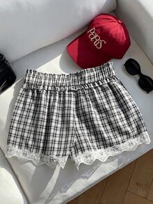 Comfortcana Plus Size Casual Contrast Lace Brown Checkered Plaid Shorts For Ladies Cute Everyday Gingham Loungewear Summer Micro Short Outfits For Women Gym - Black - View 2