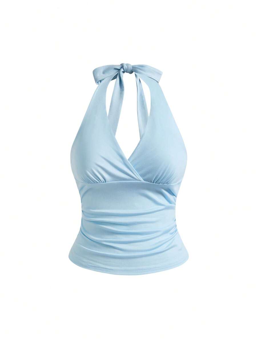 ROMWE Grunge Punk Top halter con pliegues y espalda descubierta de unicolor para tallas grandes - Azul - Ver 1