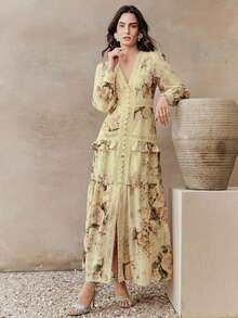 Anewsta Đầm maxi dài tay cổ chữ V thanh lịch, họa tiết hoa, phối ren và bèo nhún, thích hợp cho mùa xuân/hè. - Vàng nhạt - Xem 6
