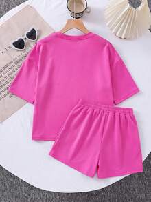 SHEIN Young Girl Summer Casual Solid Color Letter Embossed T-Shirt And Shorts Set - Hot Pink - View 4
