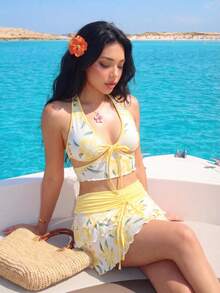 Sweetina Bộ đồ 2 món dễ thương in họa tiết hoa dâm bụt dành cho nữ, gồm áo tank top hở lưng cổ yếm khoét lỗ và chân váy mini xếp ly thắt eo, thích hợp cho mùa hè. - Màu vàng - Xem 5