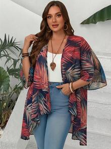Plus Size Women Tropical Plant Print Loose 3/4 Sleeve Jacket - Multicolor - View 3