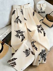 Pantalones de pierna ancha y fluida de cintura alta con estampado floral, estilo vacaciones - Albaricoque - Ver 3