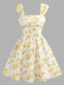 Girlism Teen Girls' Blue & White Floral Print Ruched Waist A-Line Mesh Overlay Spaghetti Strap Vacation Dress, Spring/Summer - Yellow - View 6