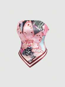 SHEIN PETITE Áo ống nữ thời trang Xuân/Hè kiểu Pháp cổ điển họa tiết tranh sơn dầu hoa văn, chất liệu satin, vạt áo bất đối xứng, thích hợp cho đi biển, kỳ nghỉ và mặc hàng ngày. - Hồng - Xem 1