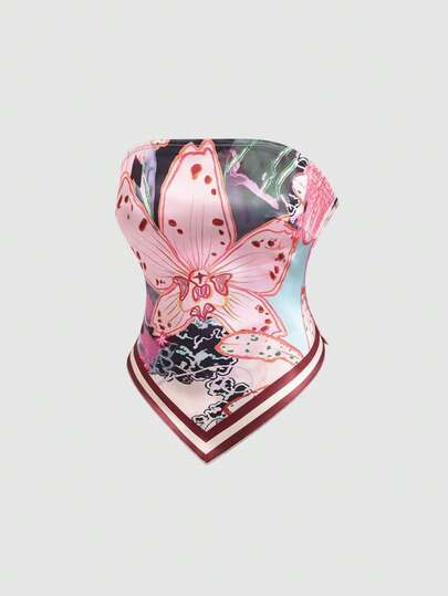 SHEIN PETITE Áo ống nữ thời trang Xuân/Hè kiểu Pháp cổ điển họa tiết tranh sơn dầu hoa văn, chất liệu satin, vạt áo bất đối xứng, thích hợp cho đi biển, kỳ nghỉ và mặc hàng ngày.