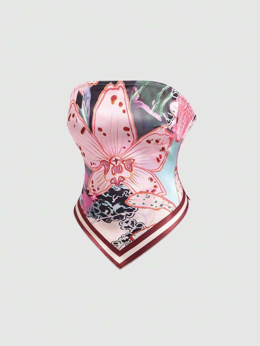 SHEIN PETITE Áo ống nữ thời trang Xuân/Hè kiểu Pháp cổ điển họa tiết tranh sơn dầu hoa văn, chất liệu satin, vạt áo bất đối xứng, thích hợp cho đi biển, kỳ nghỉ và mặc hàng ngày. - Hồng - Xem 1