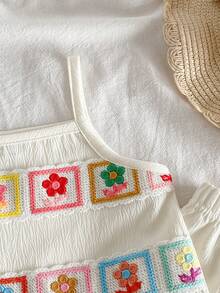 SHEIN Vintaside Kids 2件組女嬰白色夏季可愛度假風紋理布料鉤編花卉圖案上衣與褲子套裝，優雅韓風女嬰套裝 - 杏色 - 查看 4