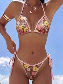 Swim Mod 两件套彩色花卉亮片纹理挂脖三角比基尼上衣和侧系带泳裤性感泳装套装，女士，春夏款 - 彩色 - 查看 3