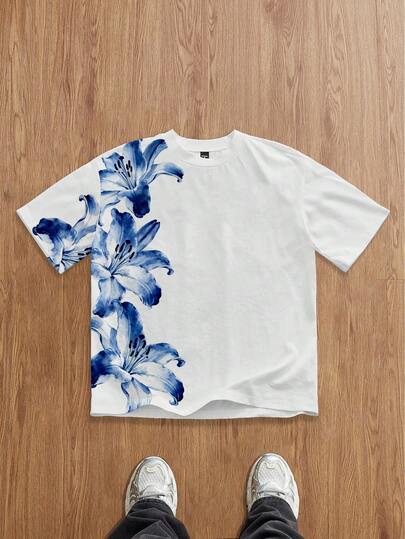 VIVINTIMO Camiseta masculina plus size casual de férias com estampa floral azul