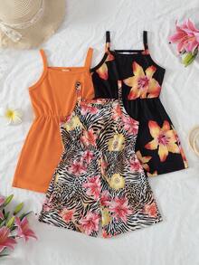 SHEIN Bộ 3 món áo liền quần và quần short in hoa mùa hè cho bé gái, trang phục thường ngày tối giản, đa năng, phù hợp cho hoạt động ngoài trời, sự kiện, tiệc tùng và mặc hàng ngày. - Nhiều màu - Xem 7
