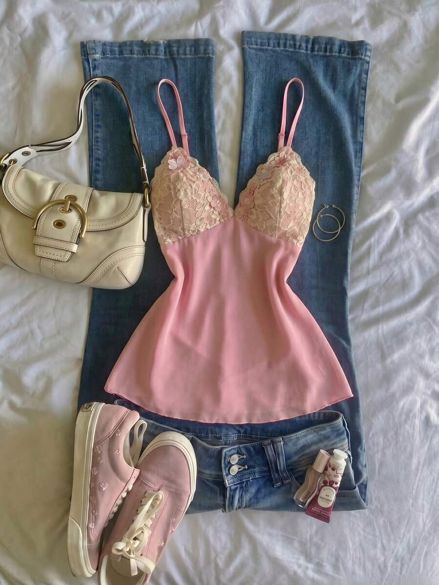 Flirla Women's Chiffon Contrast Color Lace Colorful 3D Floral Trim V-Neck Camisole, Vintage Sweet Romantic Casual Versatile For Summer Vacation Beach - Pink - View 1