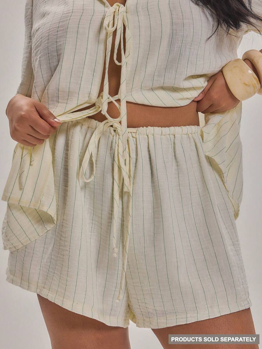 MUSERA شورت فضفاض مربوط من الأمام مخطط مقاس كبير، أنيق للربيع والصيف، عطلة، شاطئ، تسجيل خروج متأخر - متعدد الألوان - مشاهدة 1