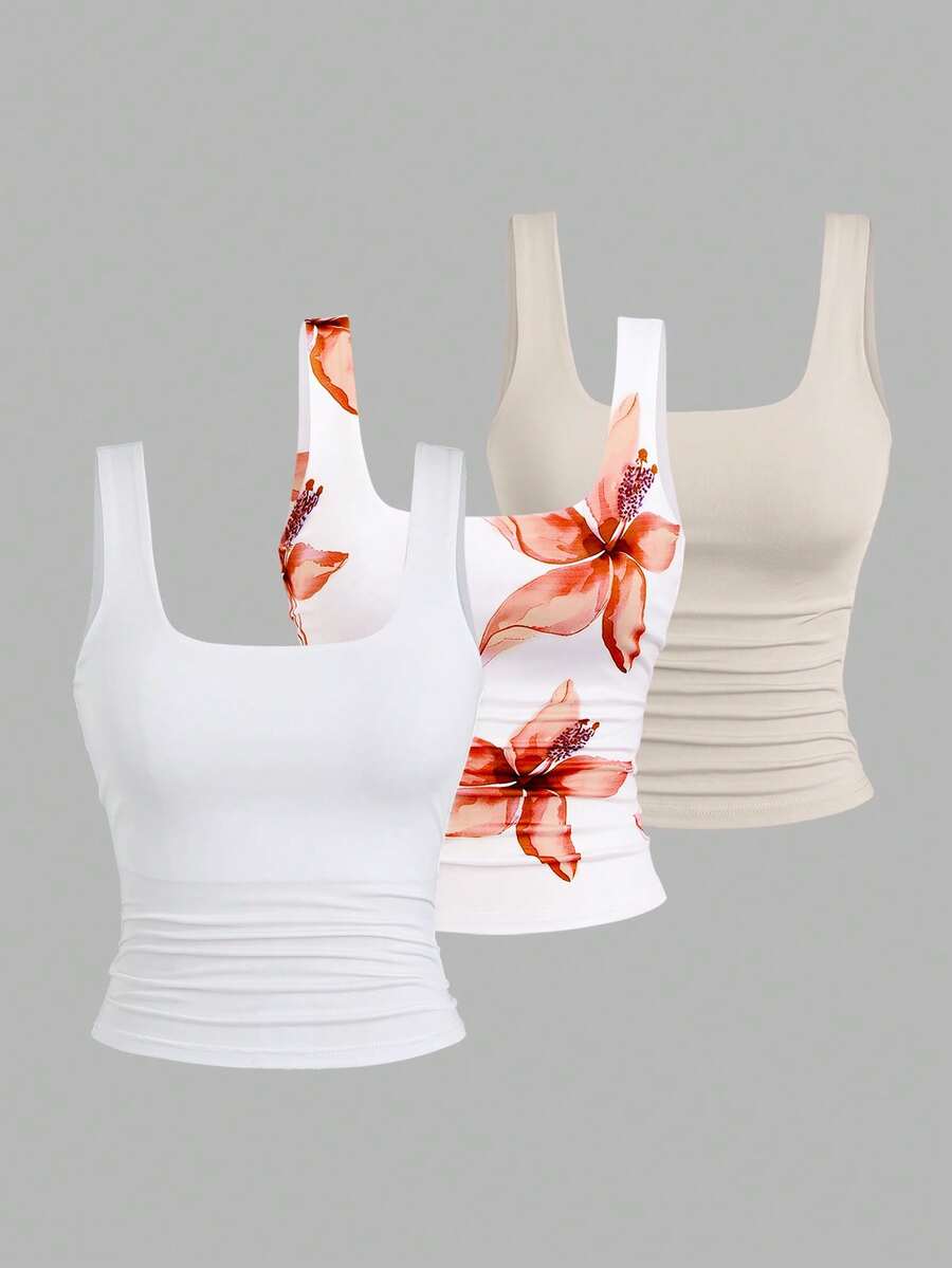 Sweetra Áo tank top nữ mùa hè mới về, cổ vuông, thắt eo, kiểu dáng thường ngày, thời trang, đa năng, thích hợp đi biển hoặc nghỉ mát. - Nhiều màu - Xem 1