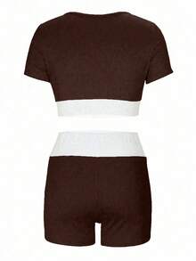 INAWLY 2 piezas Conjunto de top corto de manga corta y pantalones cortos de color contrastante para mujer - Marrón - Ver 2