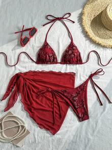 Costavie Bộ bikini 3 món họa tiết hoa đính sequin, kiểu cổ yếm, quần buộc dây bên hông và váy sarong lưới gợi cảm dành cho nữ. - Màu Đỏ Sâu - Xem 7
