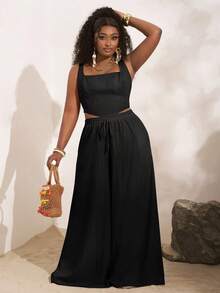 Slaydiva 2pcs/Set New Spring/Summer Vacation Casual Khaki Herringbone Strap Top And Wide Leg Pants Pocketed Suit With Textured Fabric, Plus Size Women's Set,Two Pieces Set Women - Black - View 5