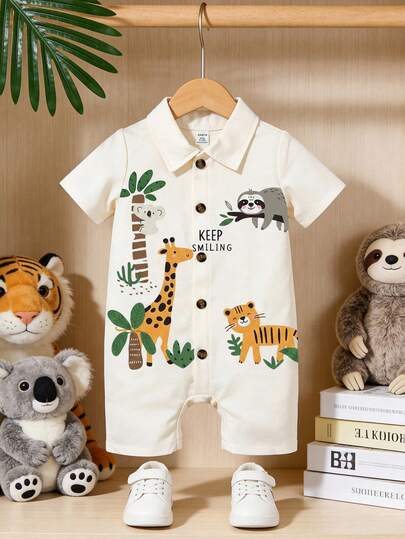 SHEIN 3-24M Newborn Baby Boy Short Sleeve Lapel Cute Animal Print Snap-Up Romper, Infant Summer Lapel Jumpsuit, Suitable For Spring/Summer Giraffe Baby Clothes Boy Zoo Outfit Baby Boy Romper Summer