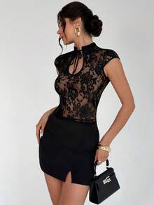 Women's Lace-Up Collar Cap Sleeve Fitted Sexy Blouse - Black - View 4