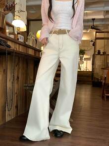 Quần jeans nữ kiểu Hàn Quốc ống loe dáng rộng, đa năng - trắng - Xem 4