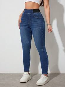 SHEIN Tall 女士休闲水洗高腰修身牛仔裤 秋冬款 弹性腰带 高弹舒适面料 深色水洗紧身牛仔裤 - 藍色 - 查看 4