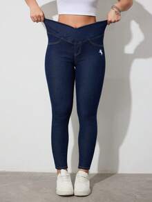 SHEIN Tall 女士高腰紧身牛仔裤 - 深色水洗藍 - 查看 6