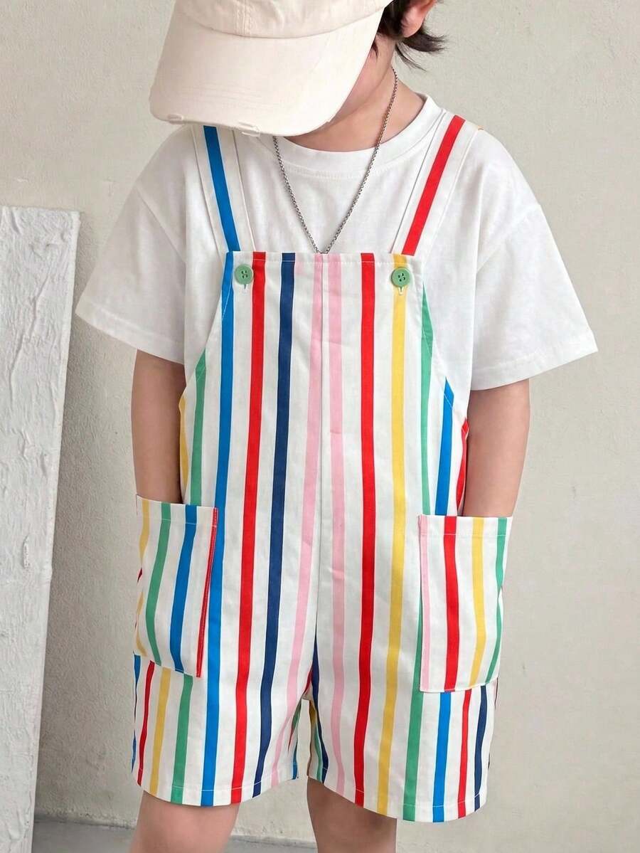 SHEIN Little Byeori 儿童男童秋冬连体背带裤套装，可爱彩色条纹背带裤连体衣，舒适百搭时尚休闲风，适合室内、学校、日常穿着、运动、玩耍、春夏派对等场合。