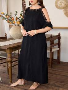 Lacomfia Gaun Panjang Wanita Ukuran Besar Elegan Kasual Longgar dengan Patchwork Renda, Leher Bulat, Bahu Terbuka, Lengan Teratai, Musim Semi/Panas - Hitam - View 5