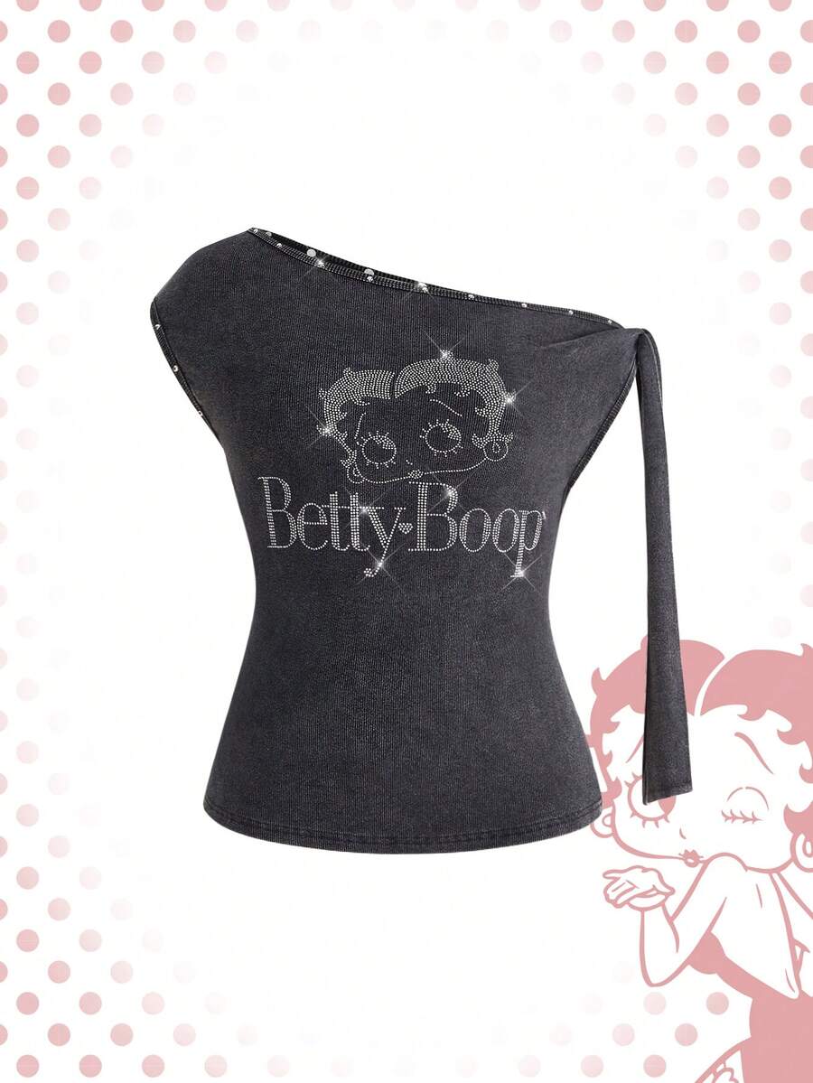 Betty Boop | ROMWE Y2K Baby Betty Graphic Rhinestone Washed Plus Size Asymmetrical Shoulder Top - Dark Grey - View 1