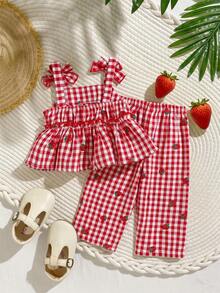 Summer Babygirl Cute Red & White Plaid Ruffle Trim Sleeveless Top And Elastic Waist Loose Wide Leg Pants Set - Red - View 2