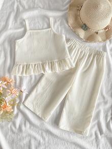 SHEIN Vintaside Kids 2件組女嬰白色夏季可愛度假風紋理布料鉤編花卉圖案上衣與褲子套裝，優雅韓風女嬰套裝 - 杏色 - 查看 2